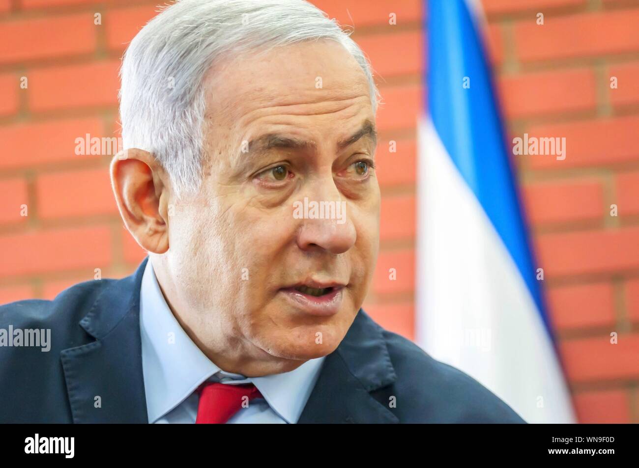 TEL AVIV, Israele. Agosto 14, 2019. Il primo ministro di Israele Benjamin Netanyahu (Binyamin Netanyahu) durante l incontro con i giornalisti provenienti da Israele Foto Stock