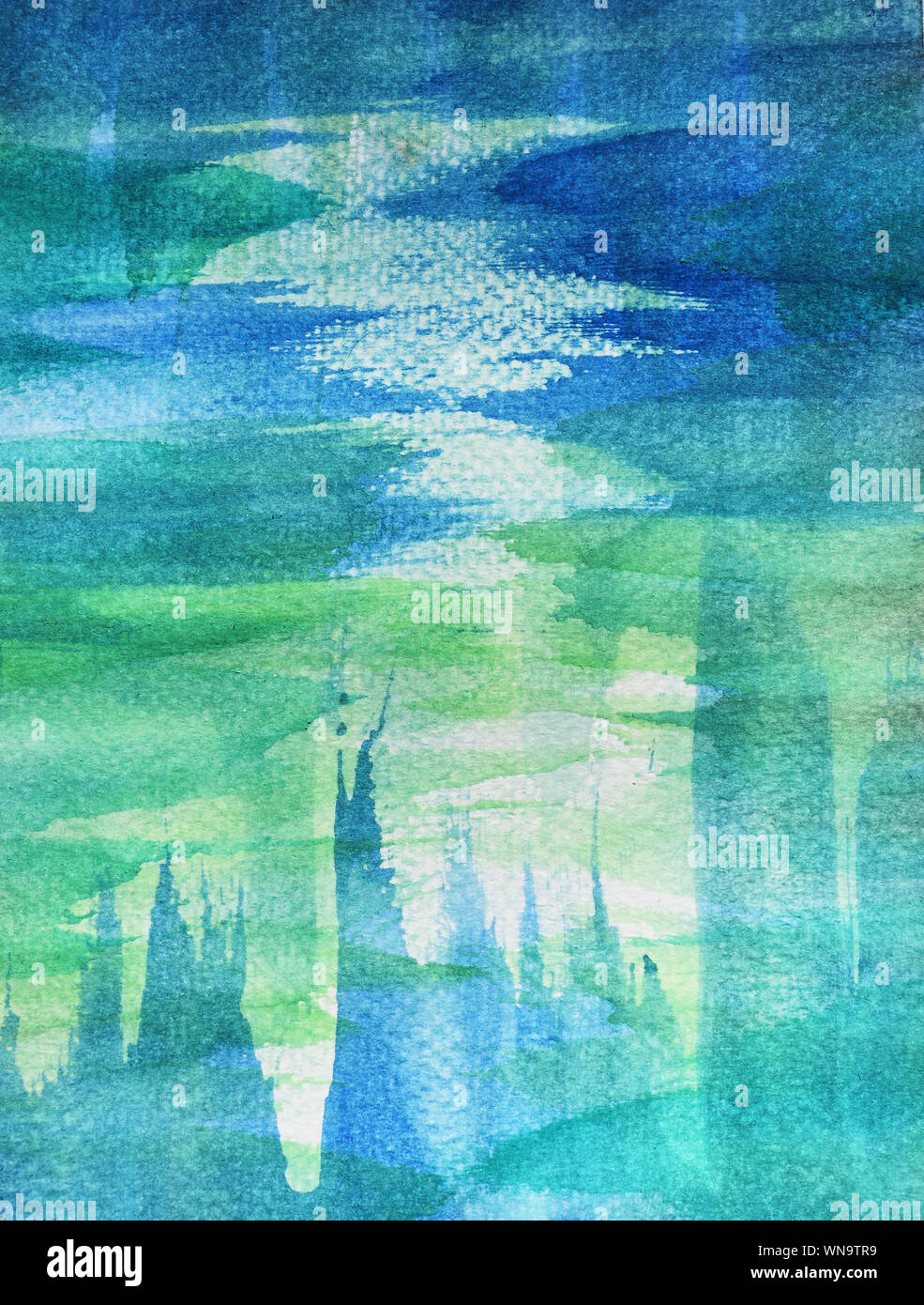 Blu Verde con macchie di colore del flusso sulla superficie bianca , illustrazione astratta e sfondo luminoso da acquerello disegnare a mano su un foglio di carta Foto Stock