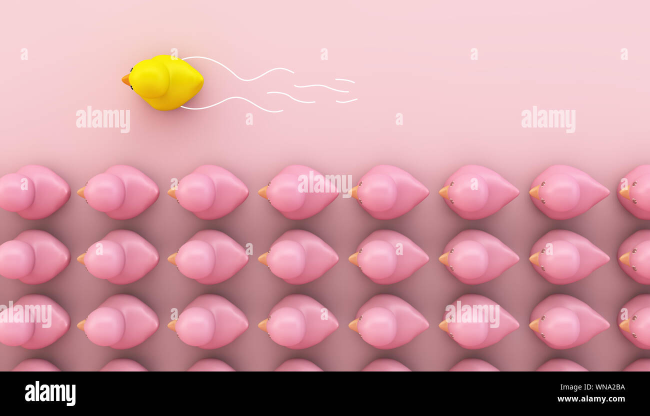 Gomma gialla anatra rosa di avanzamento riga 3d rendering Foto Stock