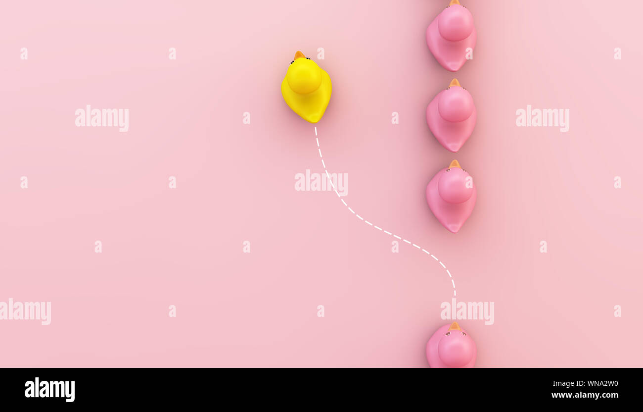 Gruppo di anatre rosa in una direzione e una gialla duck rivolto in modo diverso su sfondo rosa il rendering 3D Foto Stock