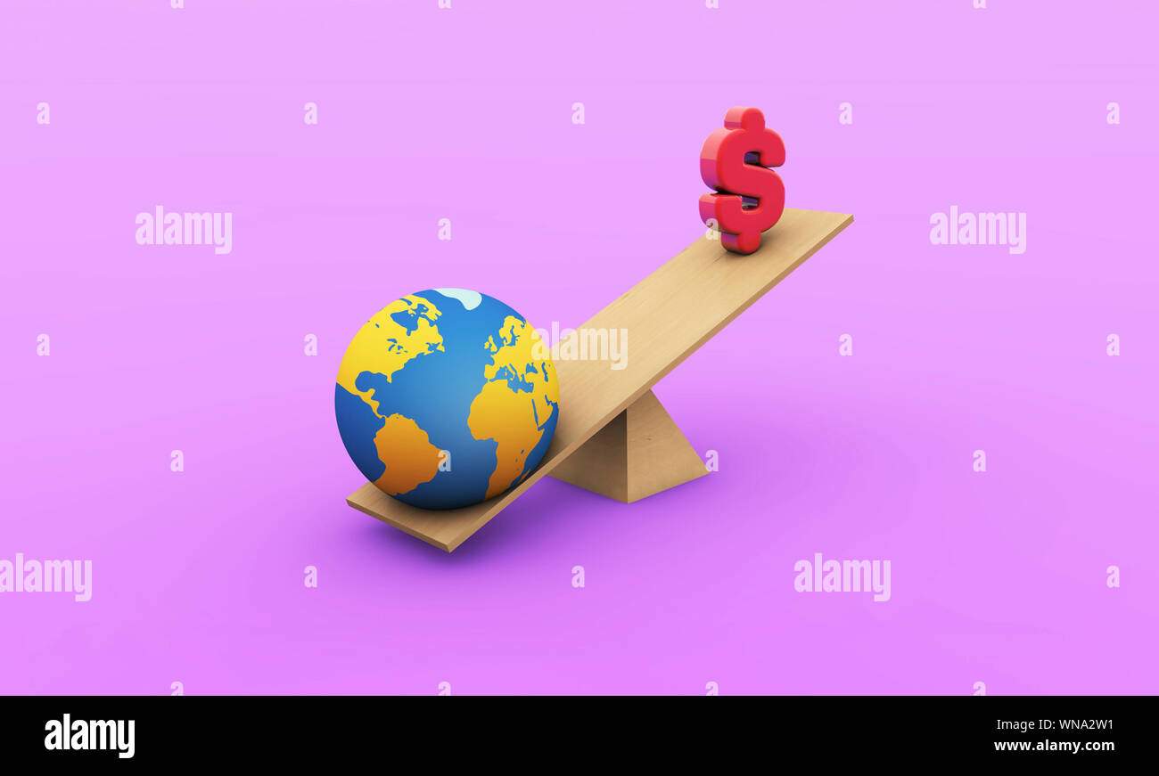 Globe e denaro cantare su una scala con uno sfondo viola. Clima Il concetto di emergenza. Il cambiamento climatico concetto. Il rendering 3D Foto Stock