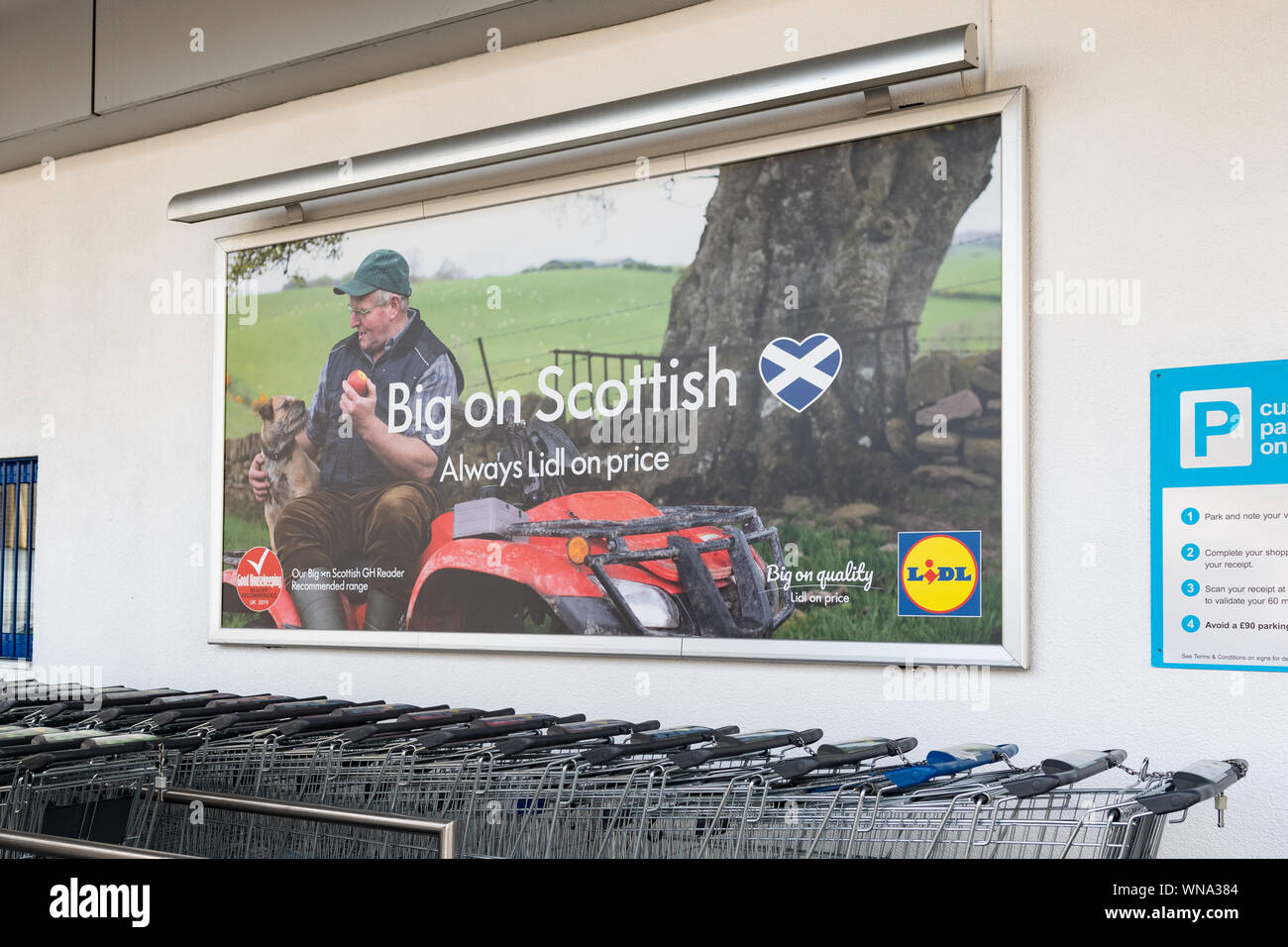 Lidl 'grande scozzese di Lidl sempre sul prezzo' poster al di fuori del negozio in Aberdeen, Scozia, Regno Unito Foto Stock