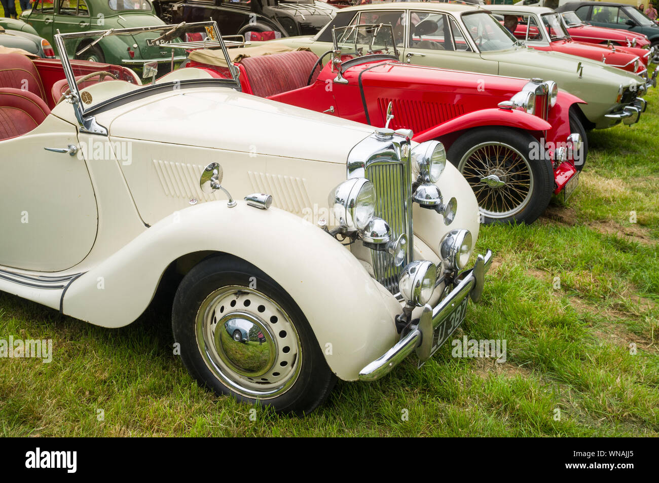 Due classici inglese MG auto sportive tra le altre automobili classiche a Yattendon Foto Stock