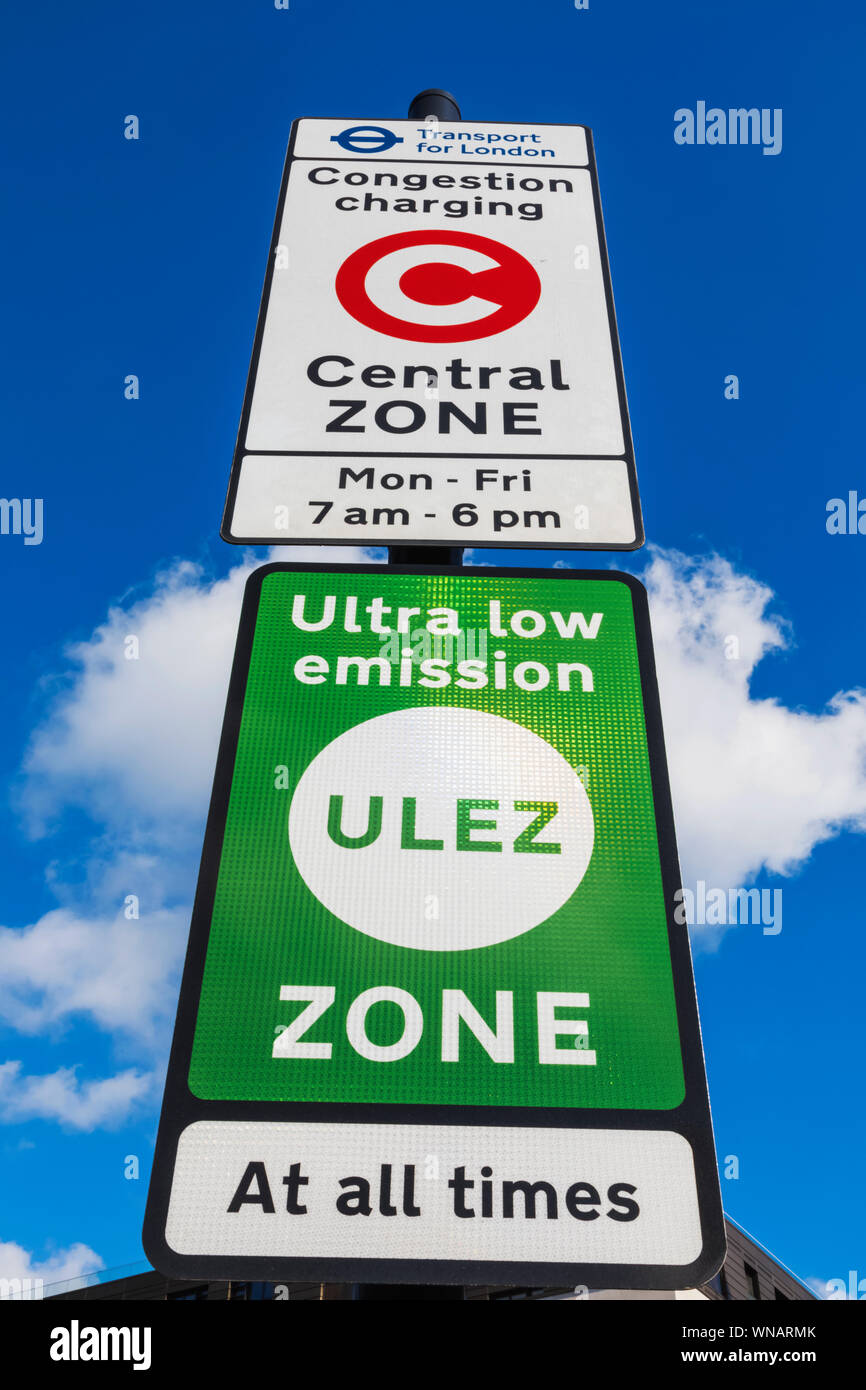 Inghilterra, Londra, trasporto per London Congestion Charging Zone e ultra bassa emissione di segni di zona Foto Stock