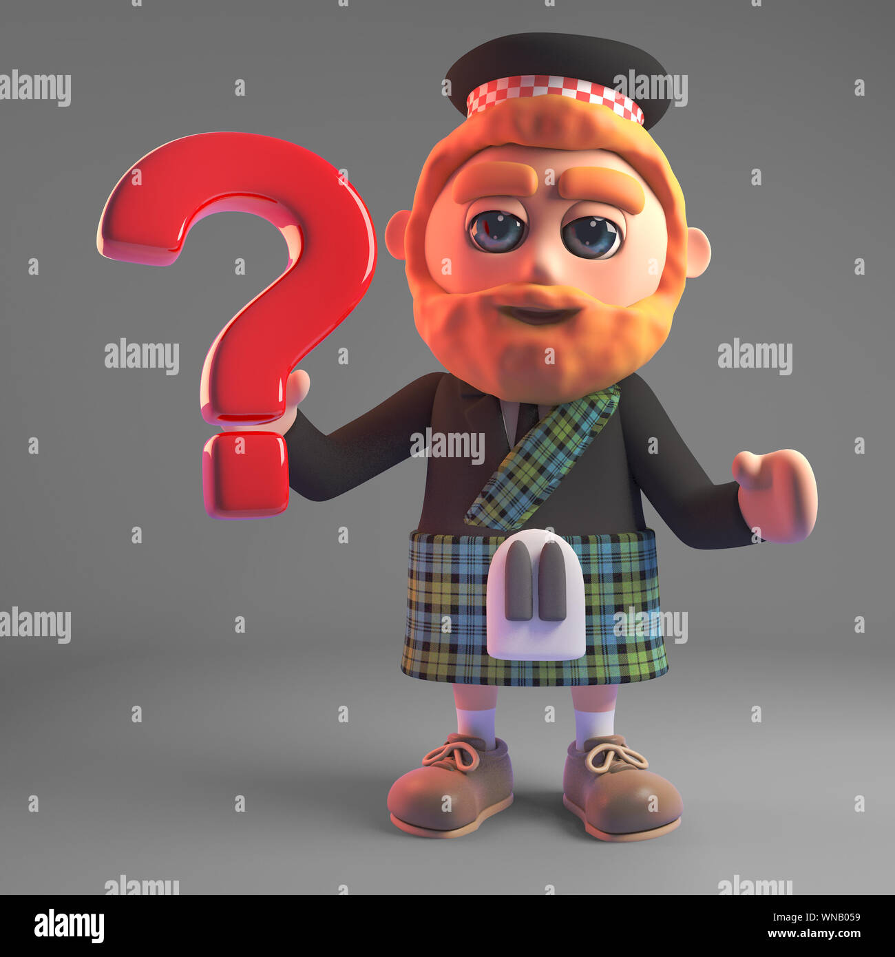 Uomo scozzese in kilt con una barba rossa tenendo un punto interrogativo, 3D render illustrazione Foto Stock