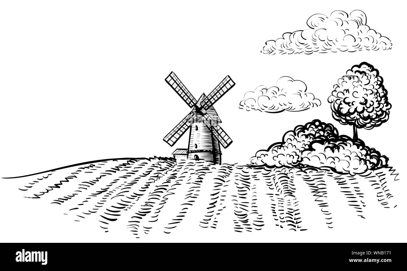 Mulino a vento sul settore agricolo su alberi di sfondo e il paesaggio rurale disegnati a mano stile sketch illustrazione. Bianco e nero fattoria rurale paesaggio orizzontale immagine vettoriale Illustrazione Vettoriale
