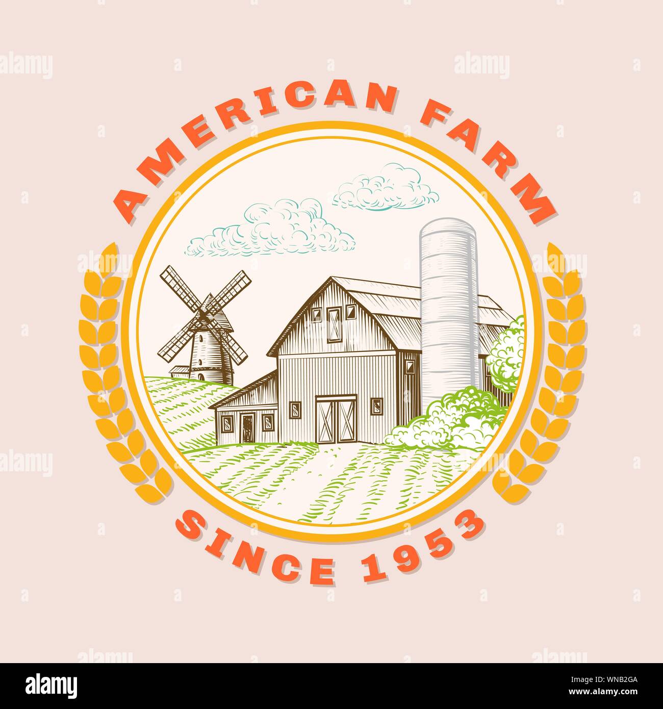 American farm barn per l'agricoltura con il mulino a vento, logo. Handdrawn illustrazione nella cornice rotonda con spighe di grano. Vettore poster vintage sul raccolto, prodotti bio, eco tema. Scenic rurale in stile di disegno Illustrazione Vettoriale