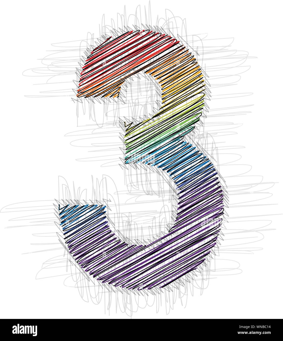 Disegnati a mano numero di font 3 Illustrazione Vettoriale