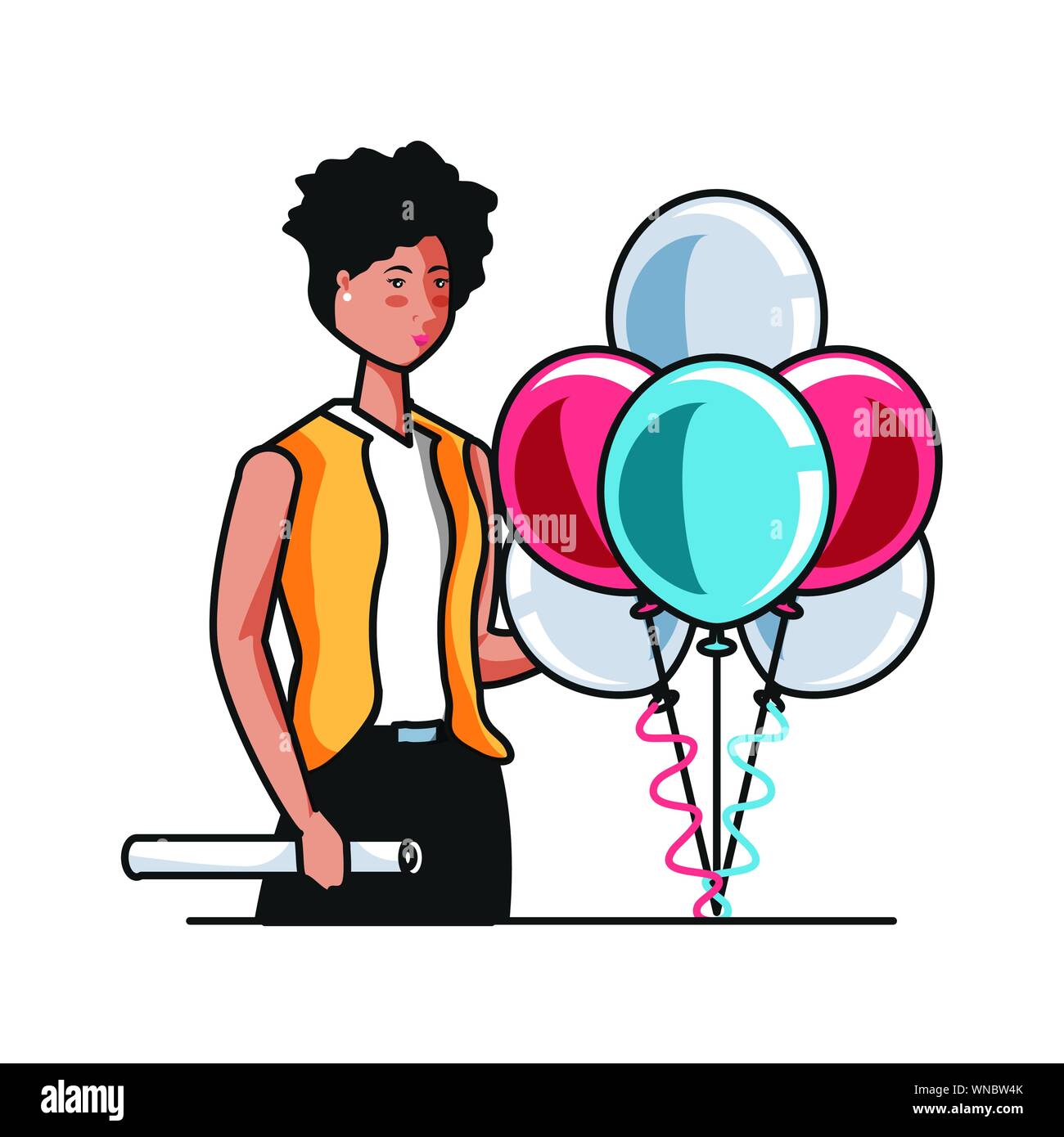 Imprenditrice con palloncini elio Labor Day celebrazione illustrazione vettoriale design Illustrazione Vettoriale