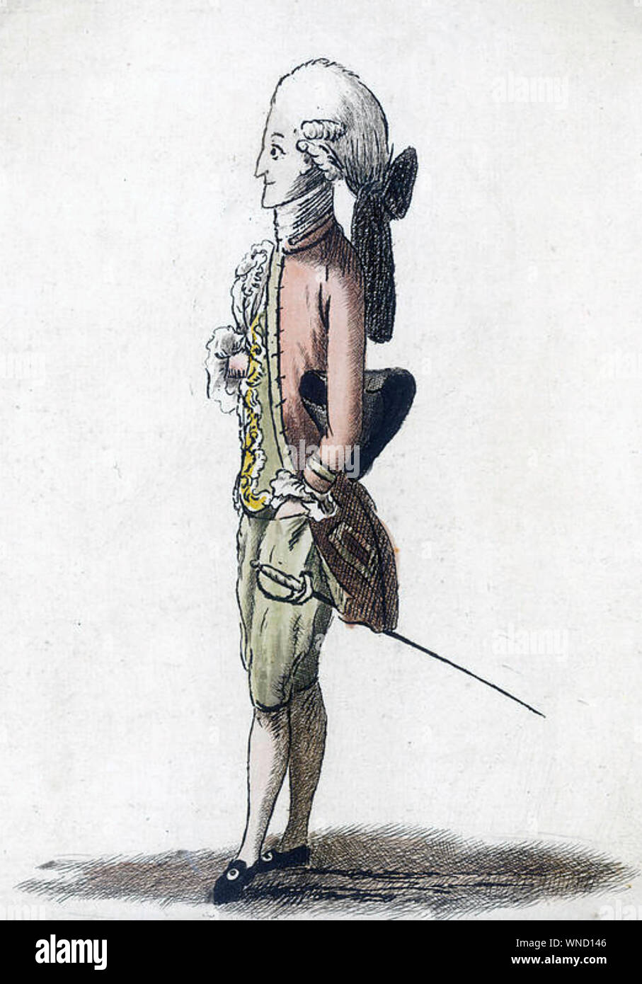 Moda 'MACARONI' persona in San Giacomo, Londra, in una stampa 1772 Foto Stock
