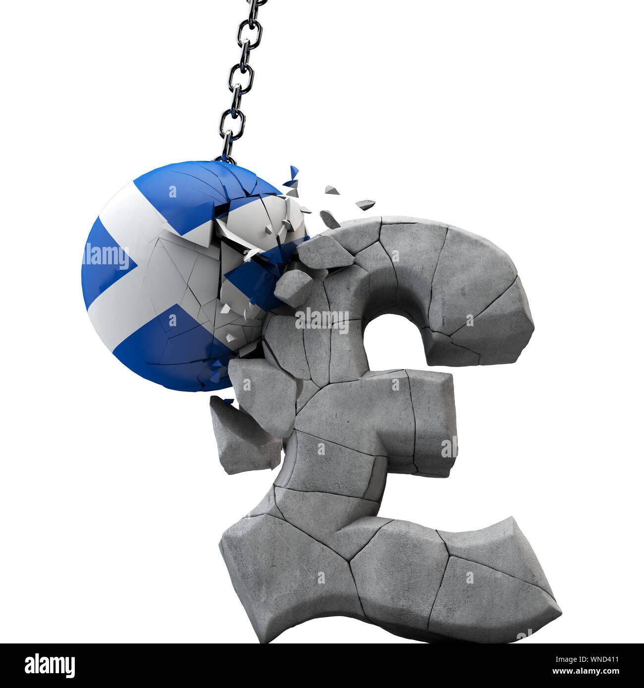 Scozia ball smashing una sterlina simbolo. Economia UK. 3D Render Foto Stock