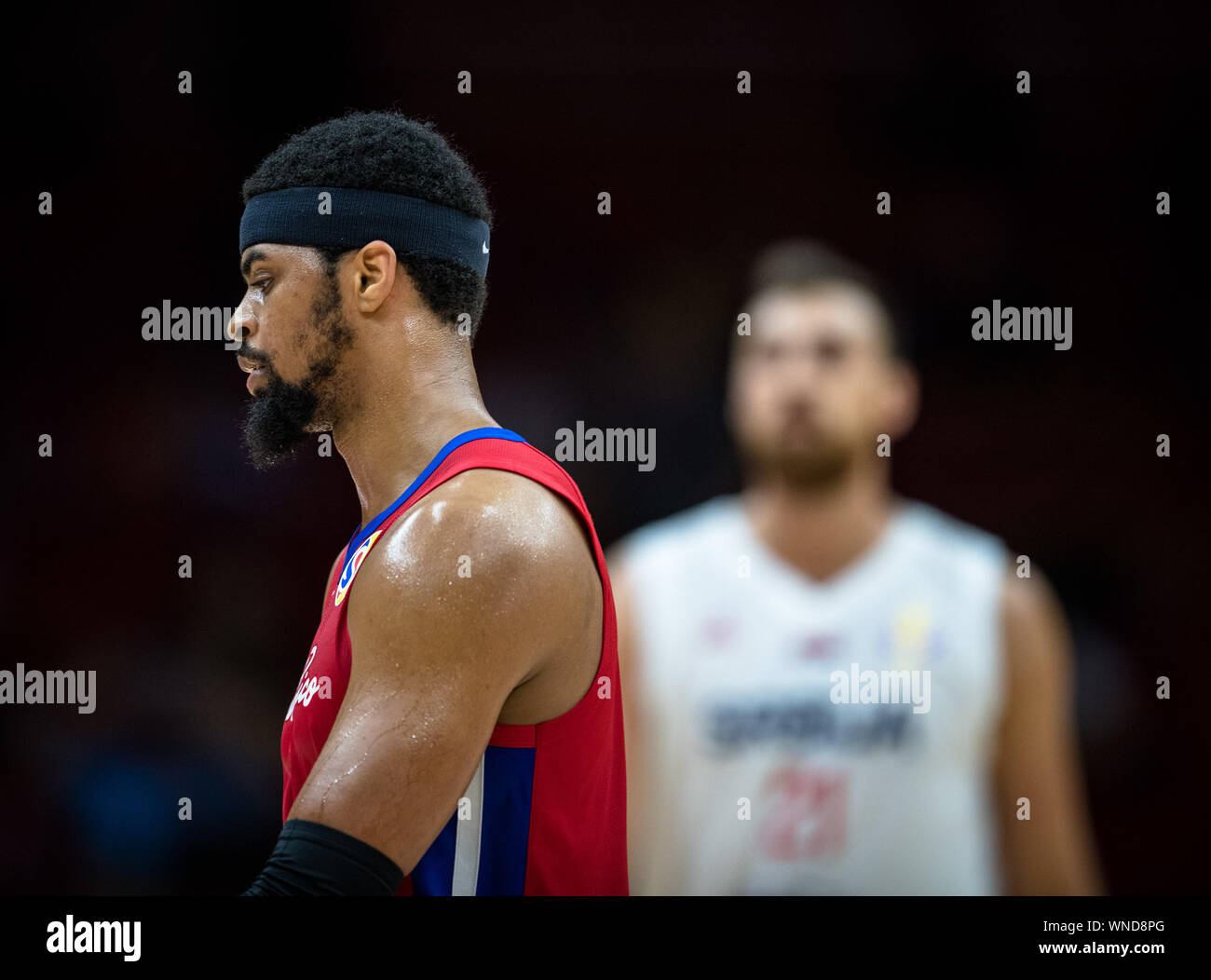 Wuhan, la Cina della provincia di Hubei. 6 Sep, 2019. Devon Collier di Puerto Rico reagisce durante il gruppo J match tra Serbia e Puerto Rico al 2019 FIBA World Cup a Wuhan, capitale della Cina centrale della provincia di Hubei, Sett. 6, 2019. Credito: Xiao Yijiu/Xinhua/Alamy Live News Foto Stock