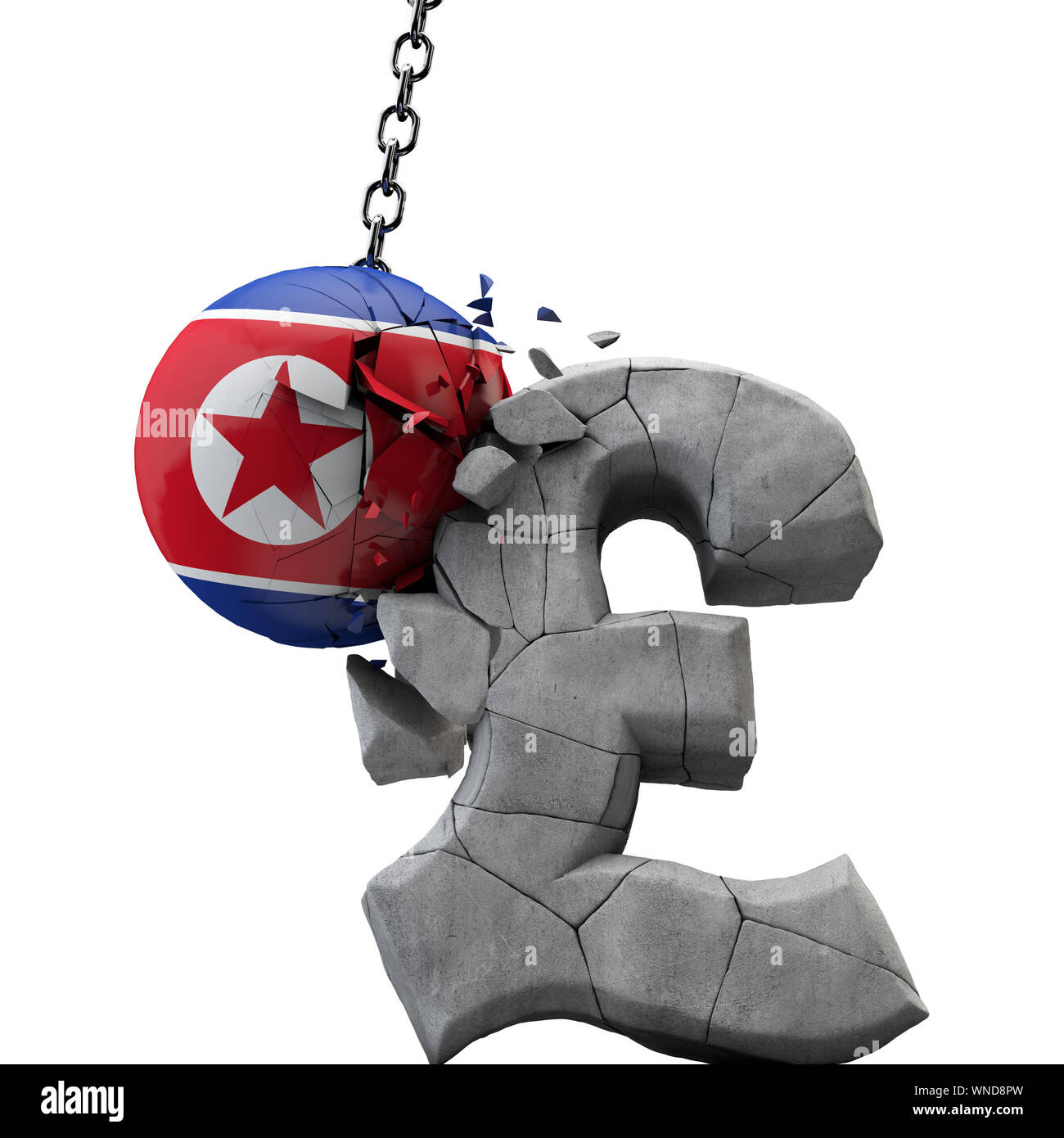 Corea del Nord la sfera smashing una sterlina simbolo. Economia UK. 3D Render Foto Stock