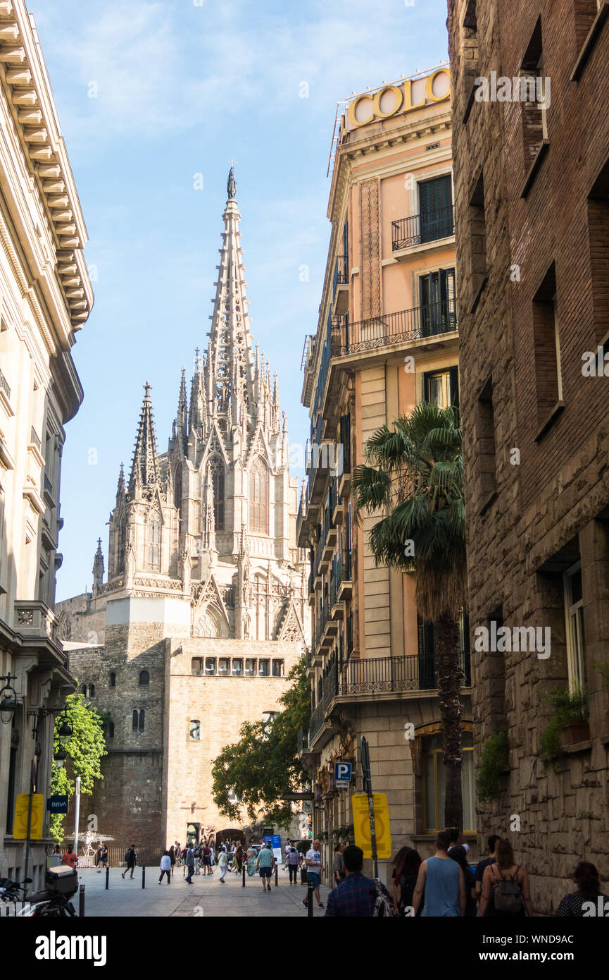 Barcellona, Spagna - 19 Giugno 2019: i turisti a piedi nella parte anteriore delle torri medievali della Cattedrale metropolitana Basilica di Barcellona, si trova nel gotico Foto Stock