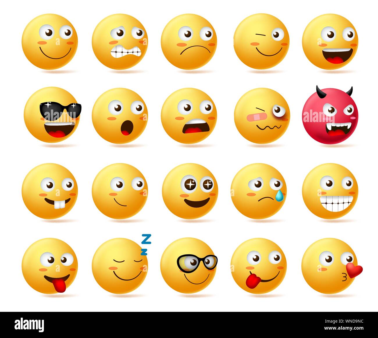 Smiley gli Emoji vista laterale impostato vettore. Smiley emoticon o faccia icona carattere nella triste, spaventata, demone, sconvolto e felice commozione indossando occhiali da sole. Illustrazione Vettoriale