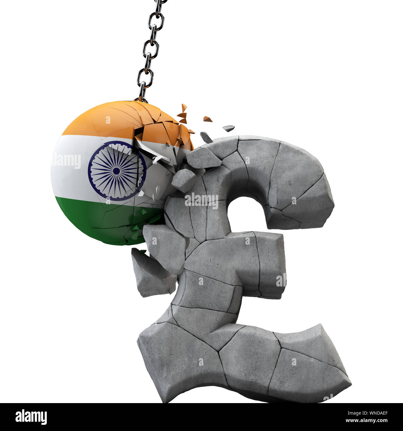 India ball smashing una sterlina simbolo. Economia UK. 3D Render Foto Stock