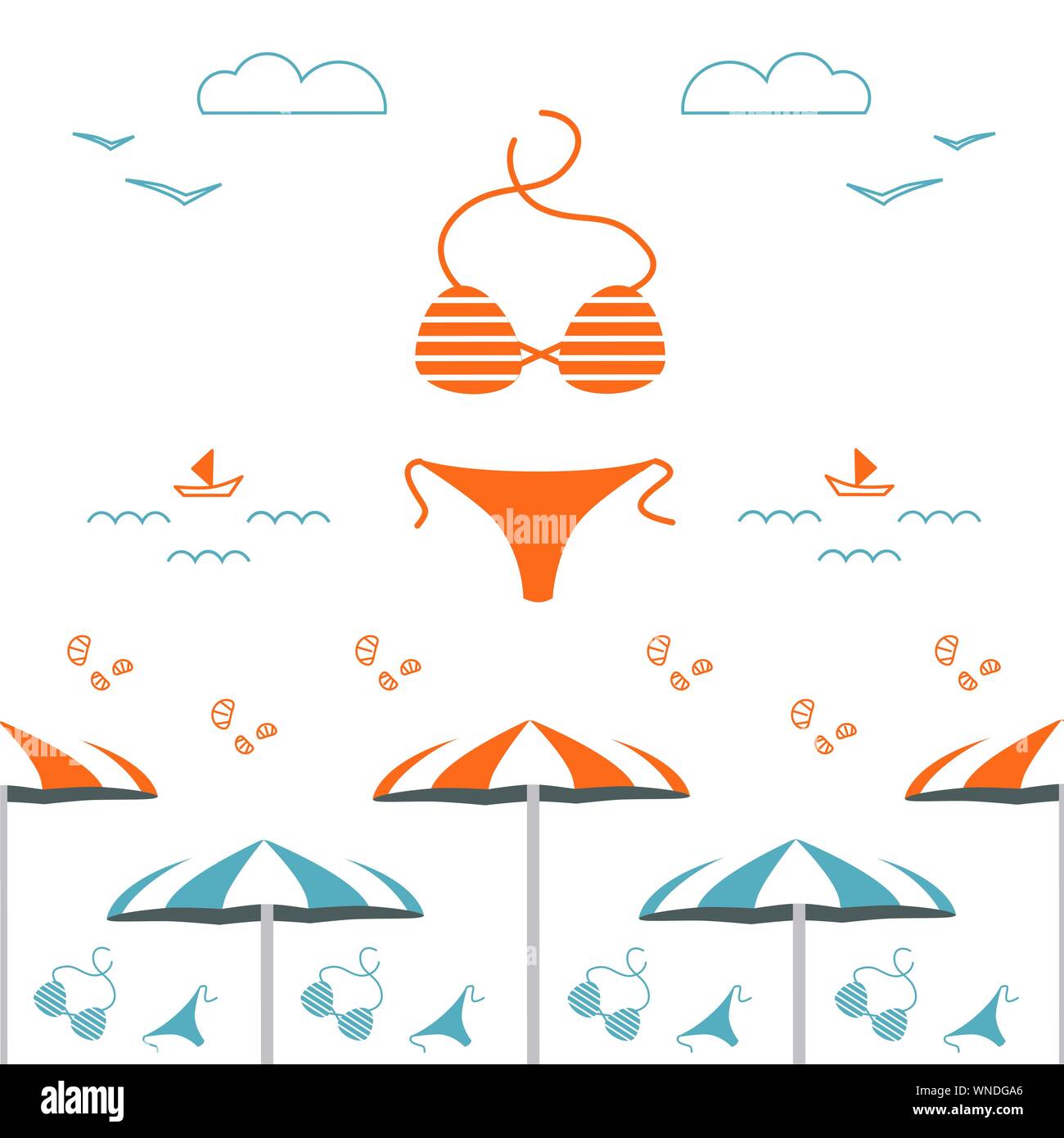 Illustrazione di costume da bagno, conchiglie, ombrellone, sabbia, onde, barca, seagull, cloud spiaggia elementi su orange Colore di sfondo. Estate piazza vettore banne Illustrazione Vettoriale