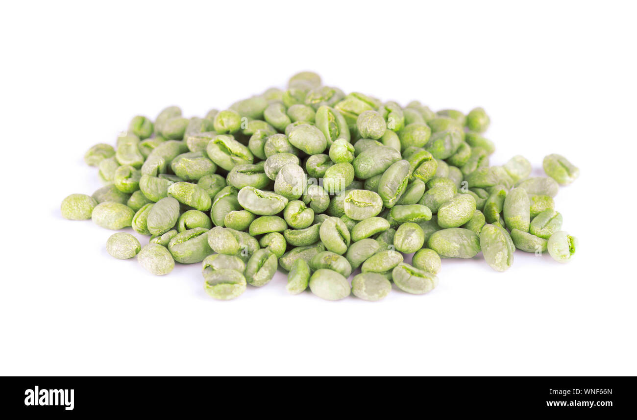 Caffè verde dello sfondo. Verde medio peaberry chicchi di caffè Foto Stock