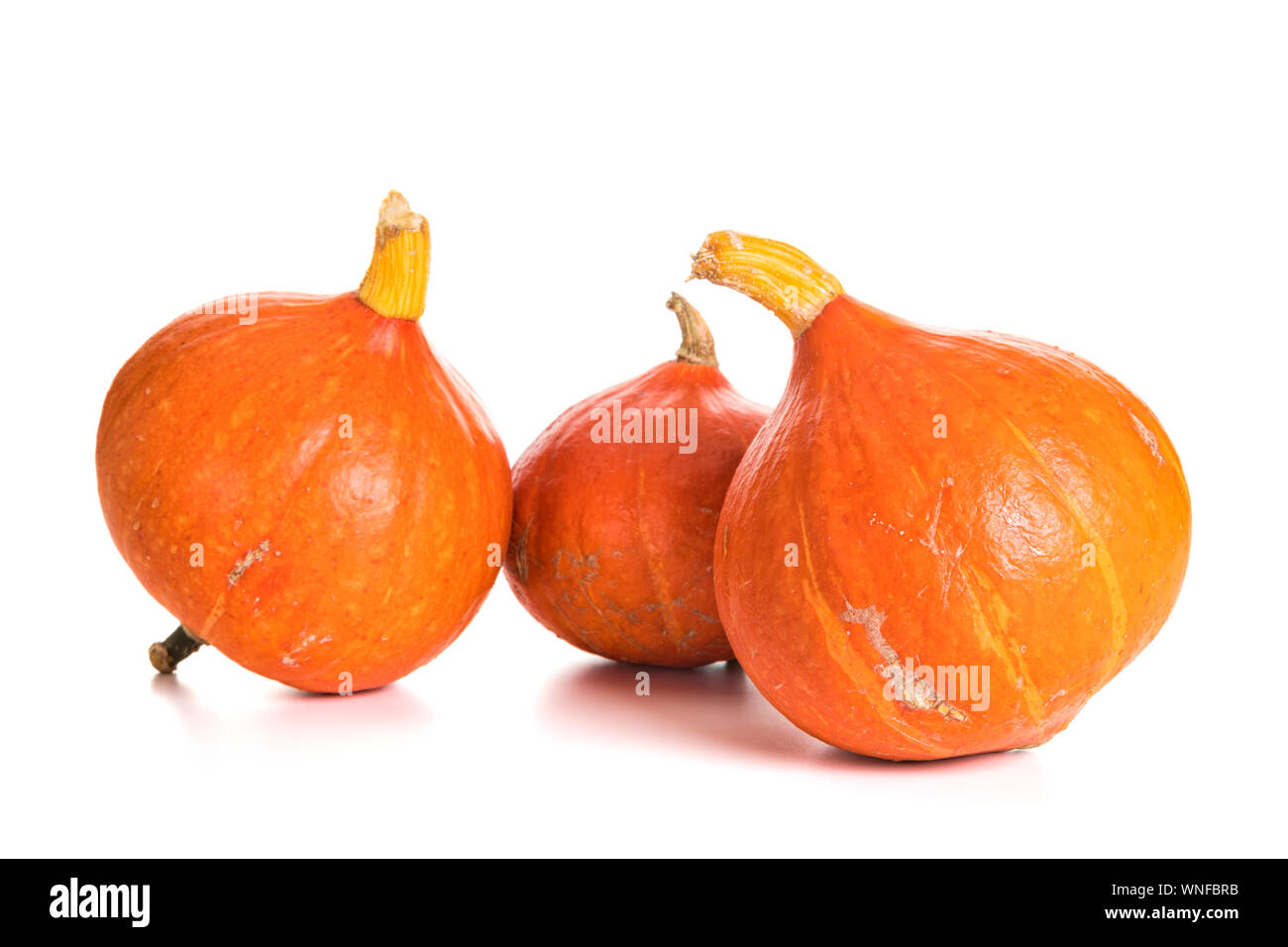 Tre Hokkaido o Red Kuri schiaccia isolati su sfondo bianco Foto Stock