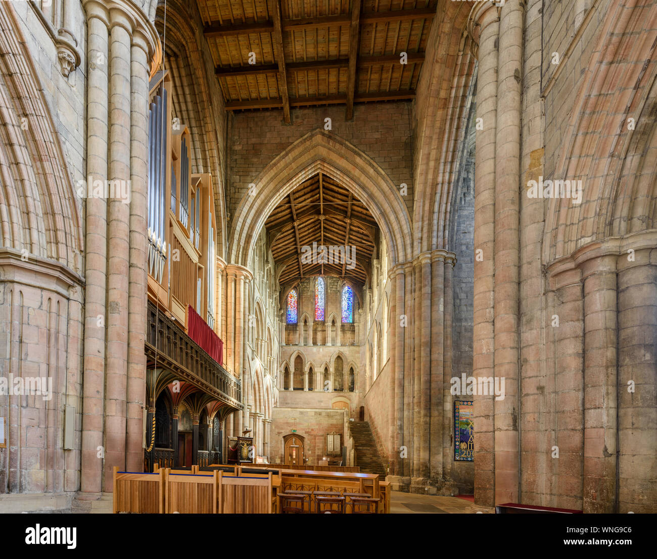 Interno della chiesa di inizio di stile Inglese Hexham Abbey in Northumberland Foto Stock