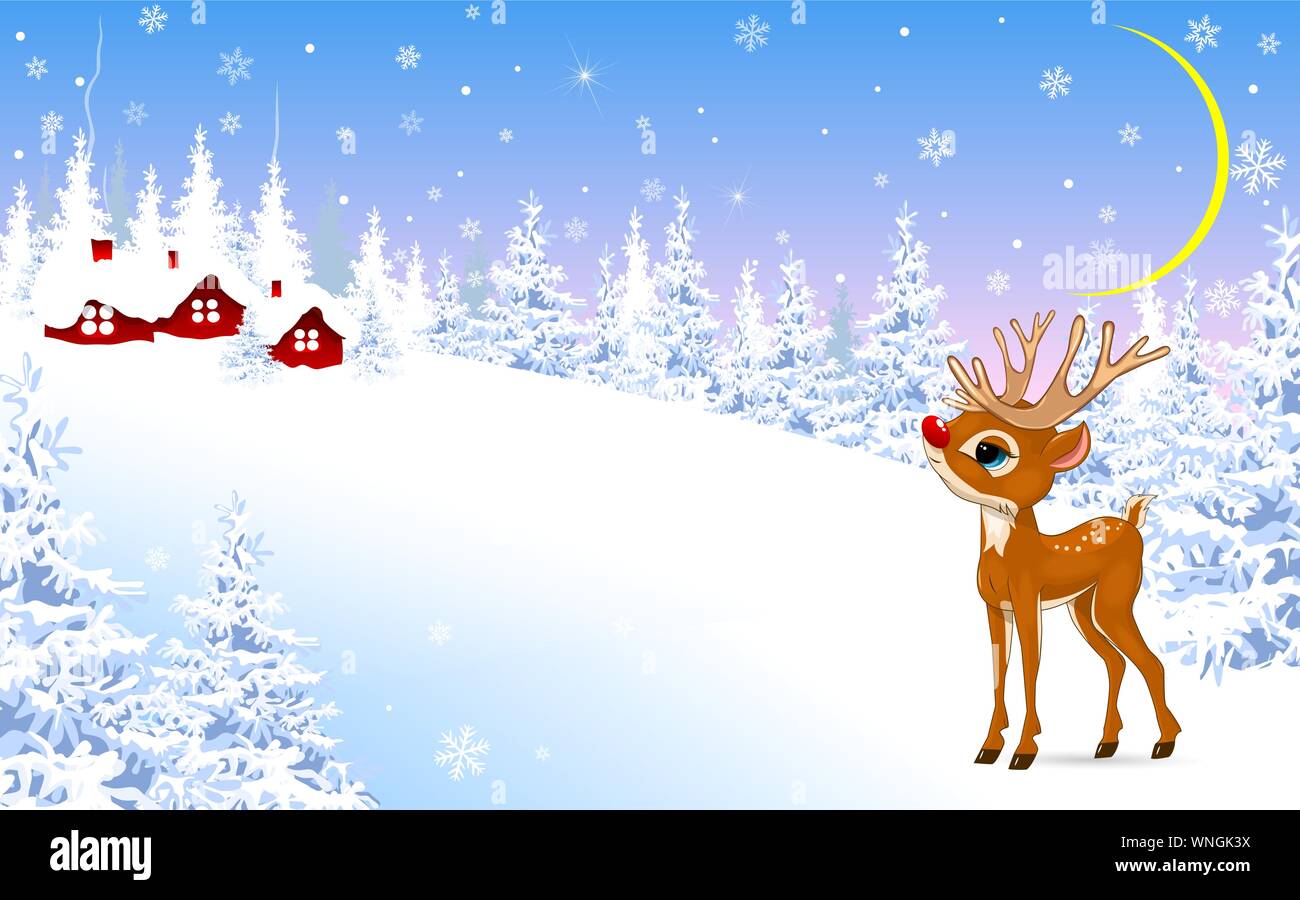 Cartoon deer su un sfondo d'inverno. Deer sullo sfondo di una foresta invernale e una coperta di neve village. Illustrazione Vettoriale
