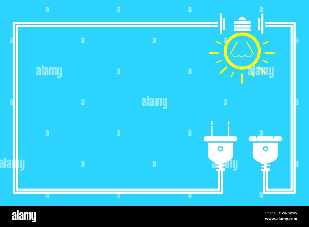 Spina e presa su sfondo blu. Cavo elettrico telaio e copia dello spazio. Concetto di risparmiare energia elettrica. Illustrazione Vettoriale