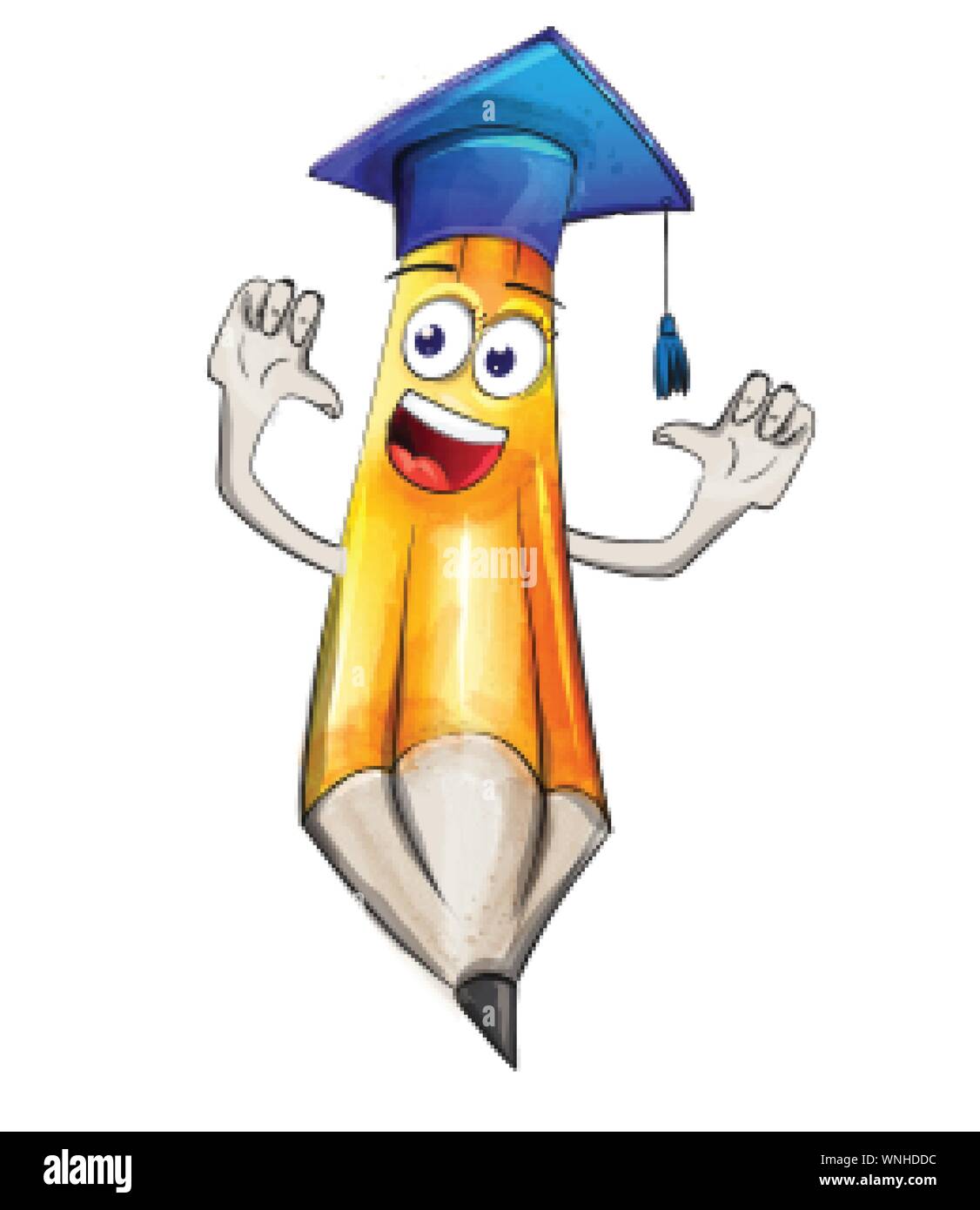 Crayon divertente personaggio dei cartoni animati acquerello del vettore. Graduazione degli studenti Torna al concetto di scuola Illustrazione Vettoriale