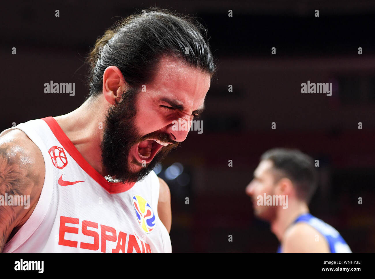 Wuhan, la Cina della provincia di Hubei. 6 Sep, 2019. Ricky Rubio la Spagna celebra durante il gruppo J match tra Spagna e Italia a 2019 FIBA World Cup a Wuhan, capitale della Cina centrale della provincia di Hubei, Sett. 6, 2019. Credito: Cheng Min/Xinhua/Alamy Live News Foto Stock