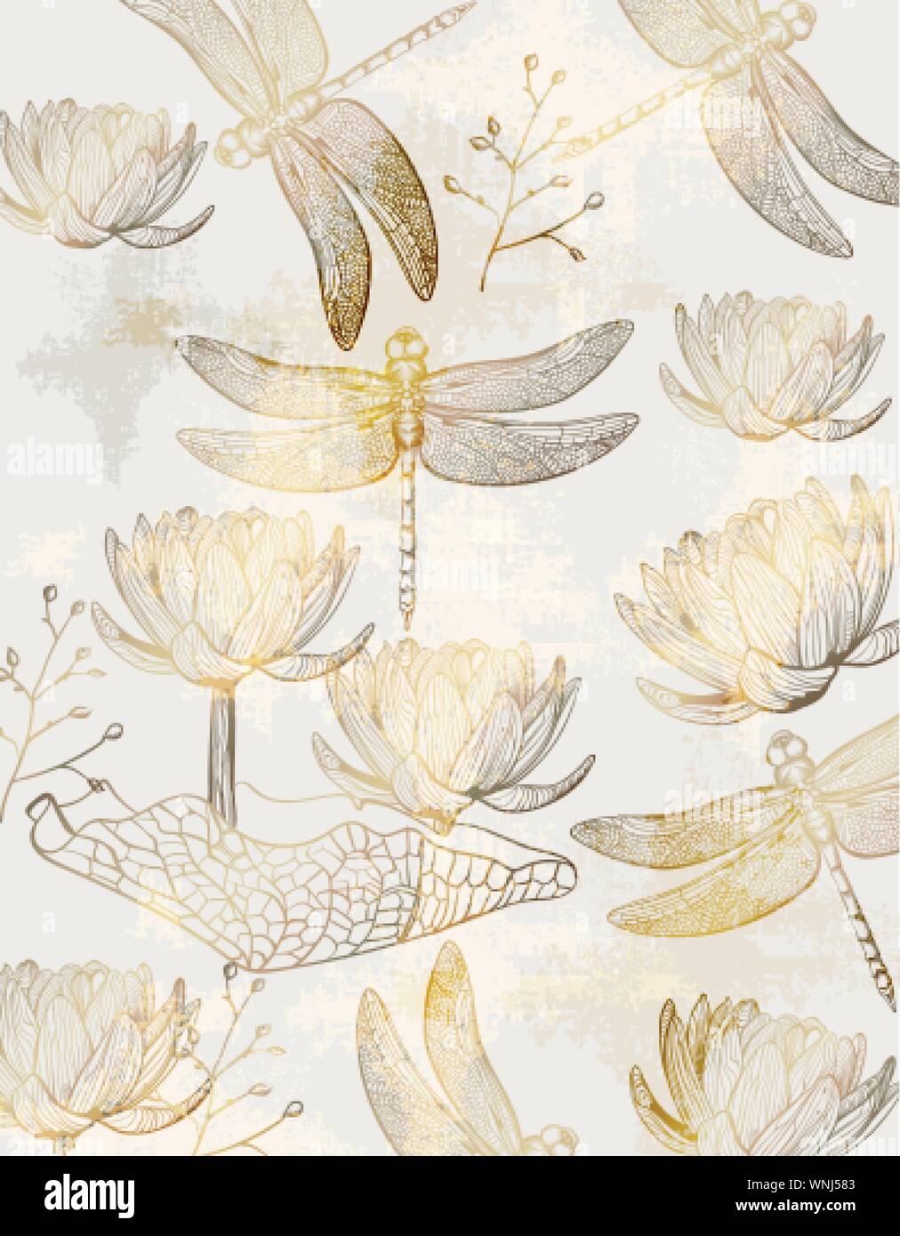 Lotus e pattern di libellula linea del vettore art. Texture dorata arredamento lucido Illustrazione Vettoriale