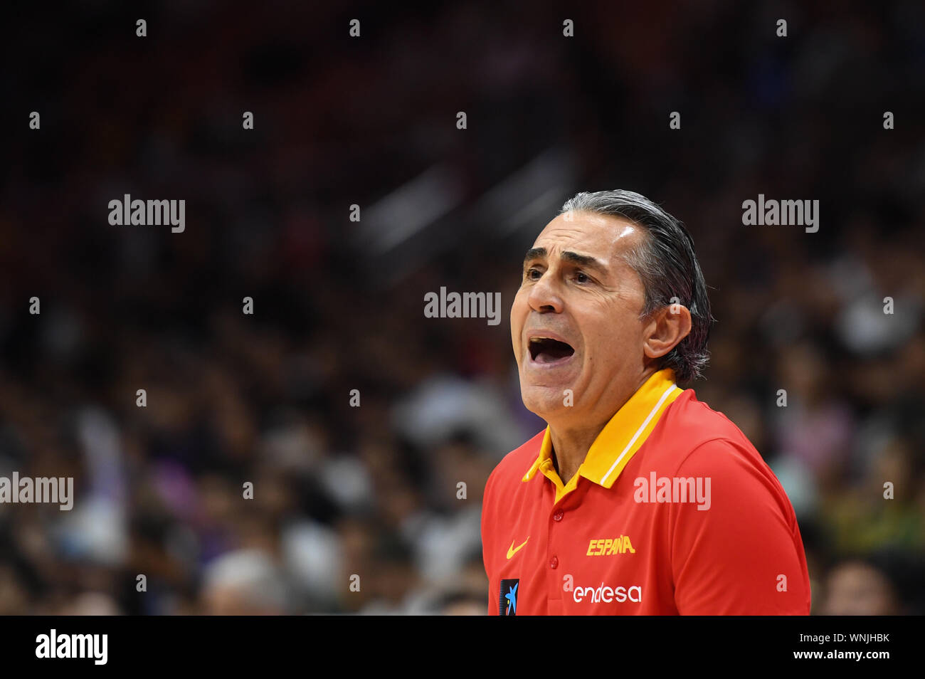 Wuhan, la Cina della provincia di Hubei. 6 Sep, 2019. Sergio Scariolo, head coach della Spagna, reagisce durante il gruppo J match tra Spagna e Italia a 2019 FIBA World Cup a Wuhan, capitale della Cina centrale della provincia di Hubei, Sett. 6, 2019. Credito: Cheng Min/Xinhua/Alamy Live News Foto Stock