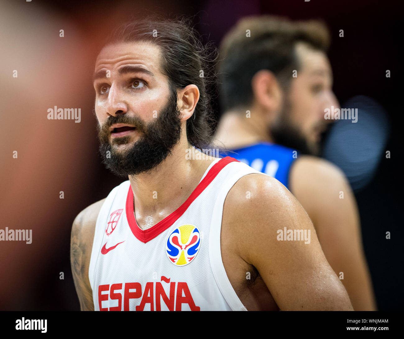Wuhan, la Cina della provincia di Hubei. 6 Sep, 2019. Ricky Rubio di Spagna reagisce durante il gruppo J match tra Spagna e Italia a 2019 FIBA World Cup a Wuhan, capitale della Cina centrale della provincia di Hubei, Sett. 6, 2019. Credito: Xiao Yijiu/Xinhua/Alamy Live News Foto Stock