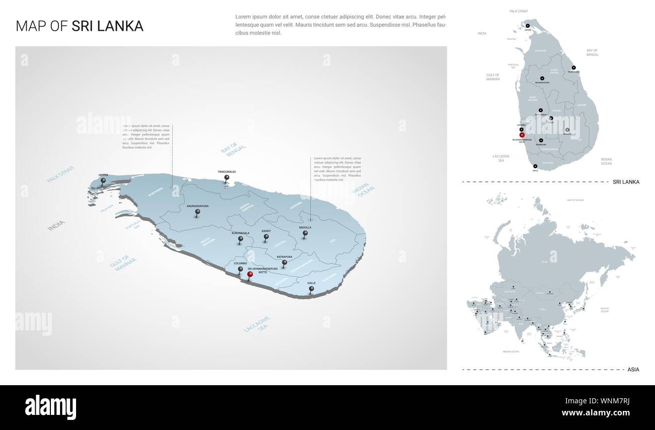 Set di vettore di Sri Lanka paese. Vista isometrica mappa in 3d, Sri Lanka mappa Asia mappa - con regione, stato nomi e nomi di città. Illustrazione Vettoriale