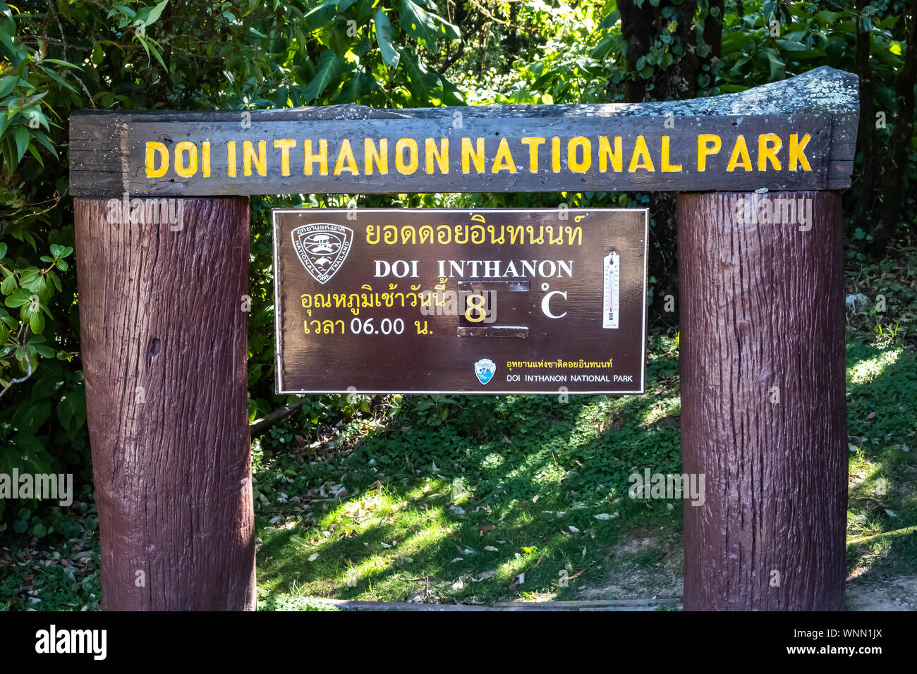 Chiang Mai, Thailandia - Febbraio 22, 2019: vista del cartello in legno rapporto di temperatura a Doi Inthanon national park in Chiang Mai, Thailandia. Foto Stock