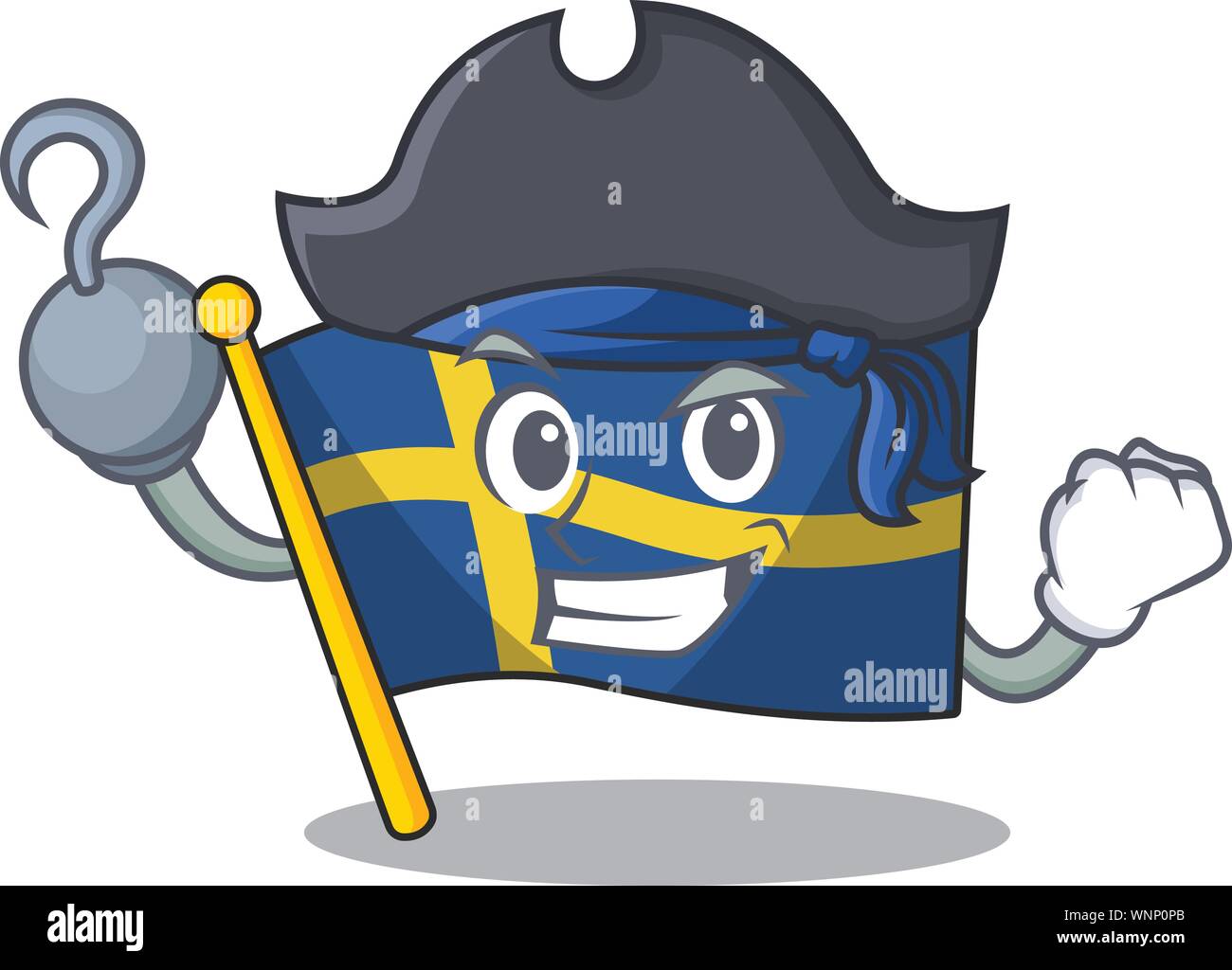 Bandiera pirata Svezia carattere issata in cartoon pole Illustrazione Vettoriale