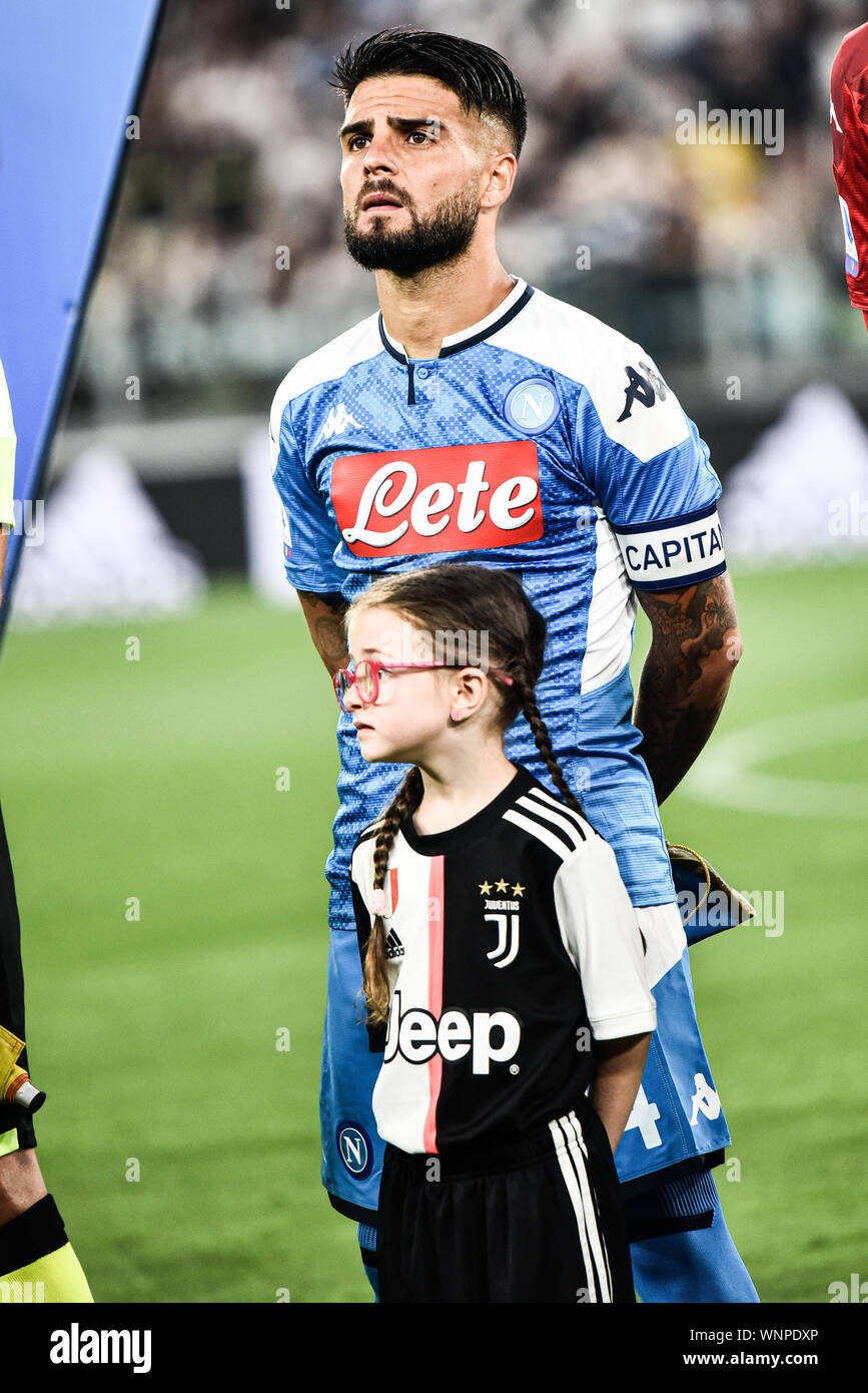 Lorenzo insigne di Napoli si affaccia su durante la serie di una partita di calcio tra Juventus e Napoli. La Juventus ha vinto 4-3 su Napoli, presso lo stadio Allianz, Foto Stock