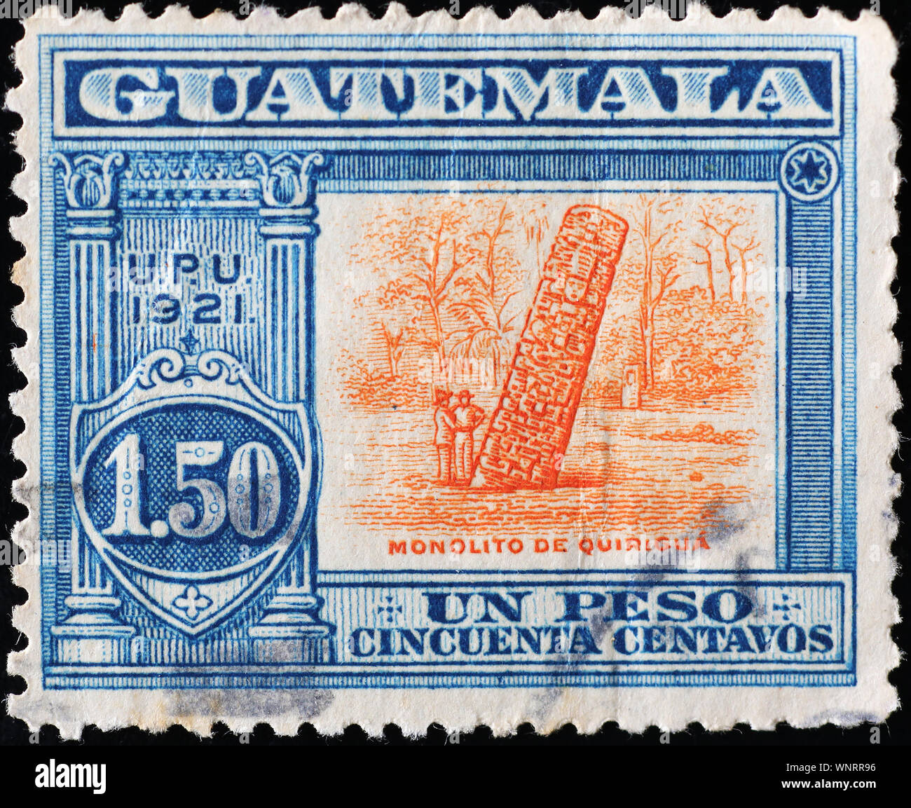 Maya monumento sul timbro vintage del Guatemala Foto Stock
