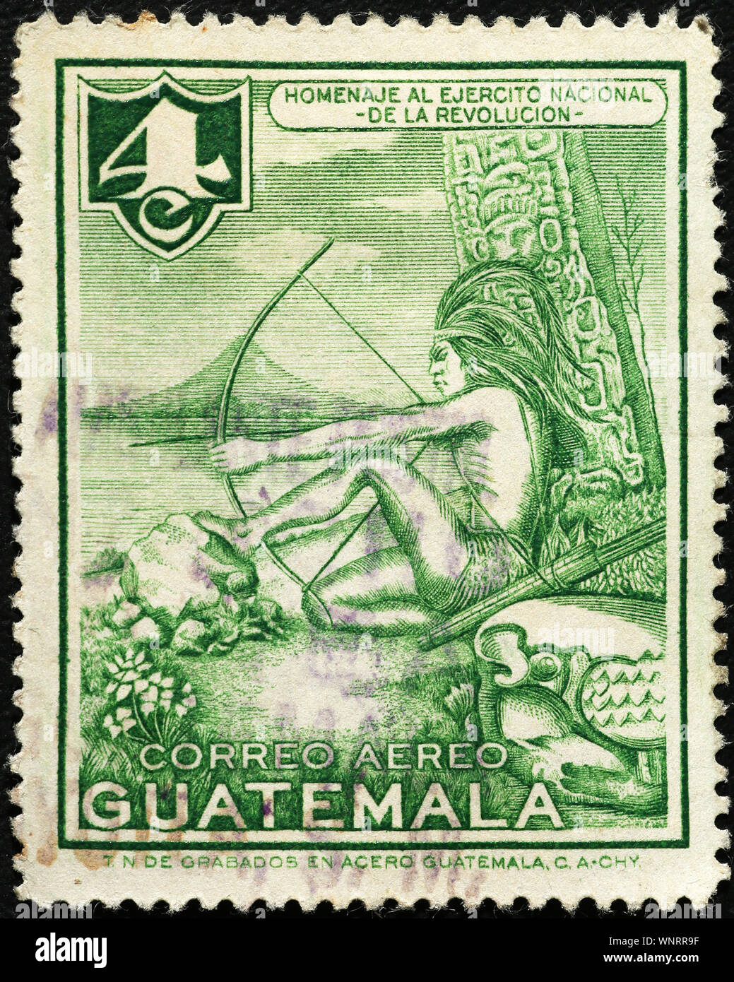 Il guerriero Maya su vintage francobollo del Guatemala Foto Stock