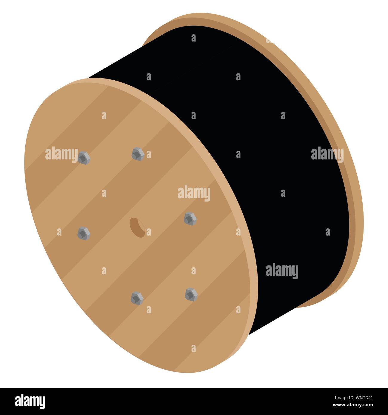 Filo nero del cavo elettrico con bobina in legno del cavo elettrico isolato su bianco backgroun d vista isometrica. Illustrazione Vettoriale