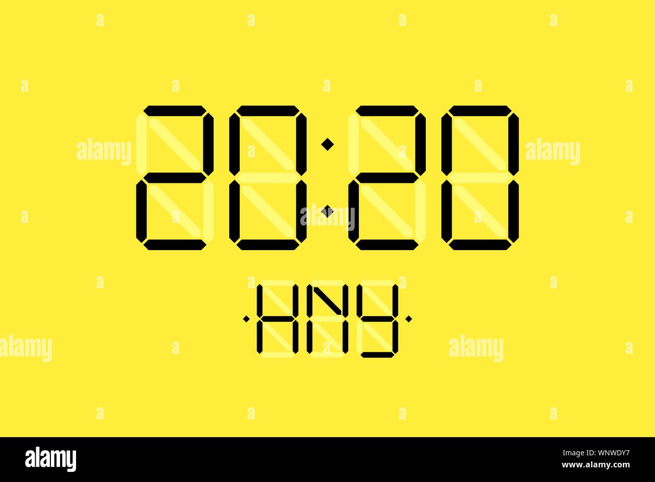 Happy New Year xmas Holiday Card con display digitale lcd elettronico orologio numero 2020 e lettere nere HNY su sfondo giallo. Buon Natale celebrazione saluto calendario vettore illustrazione Illustrazione Vettoriale