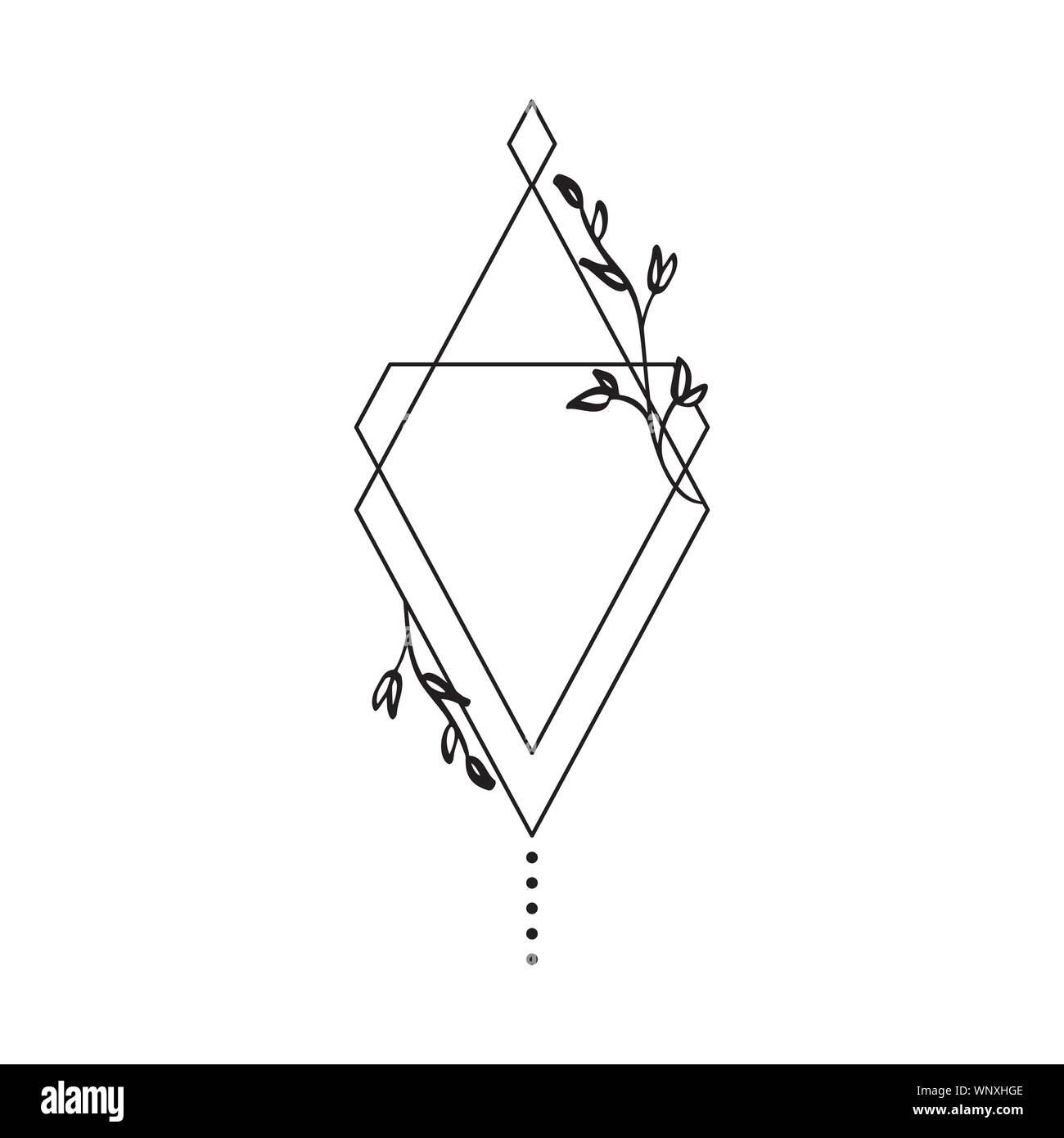 Disegnata a mano telaio ramo minimalista con foglie e gli elementi geometrici su sfondo bianco illustrazione vettoriale. In stile Art Deco. Icona del design print Illustrazione Vettoriale