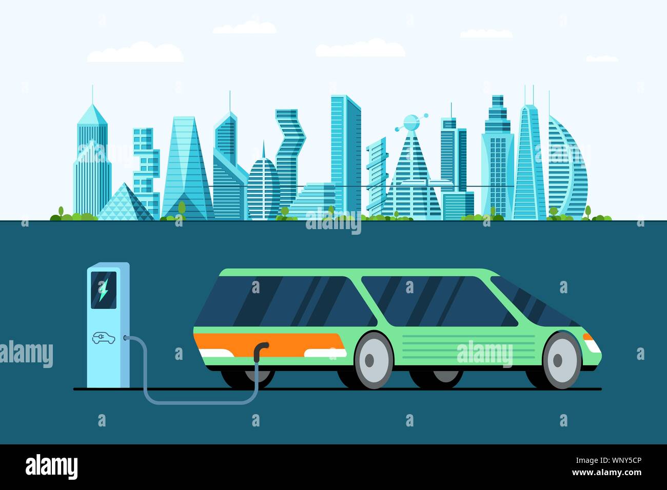 Vista posteriore dell'auto elettrica verde presso la stazione di ricarica dell'energia di rifornimento della futura città. Tecnologia e-vehicle moderna e concetto di tutela dell'ambiente. Illustrazione vettoriale dell'elettricità urbana piatta Illustrazione Vettoriale