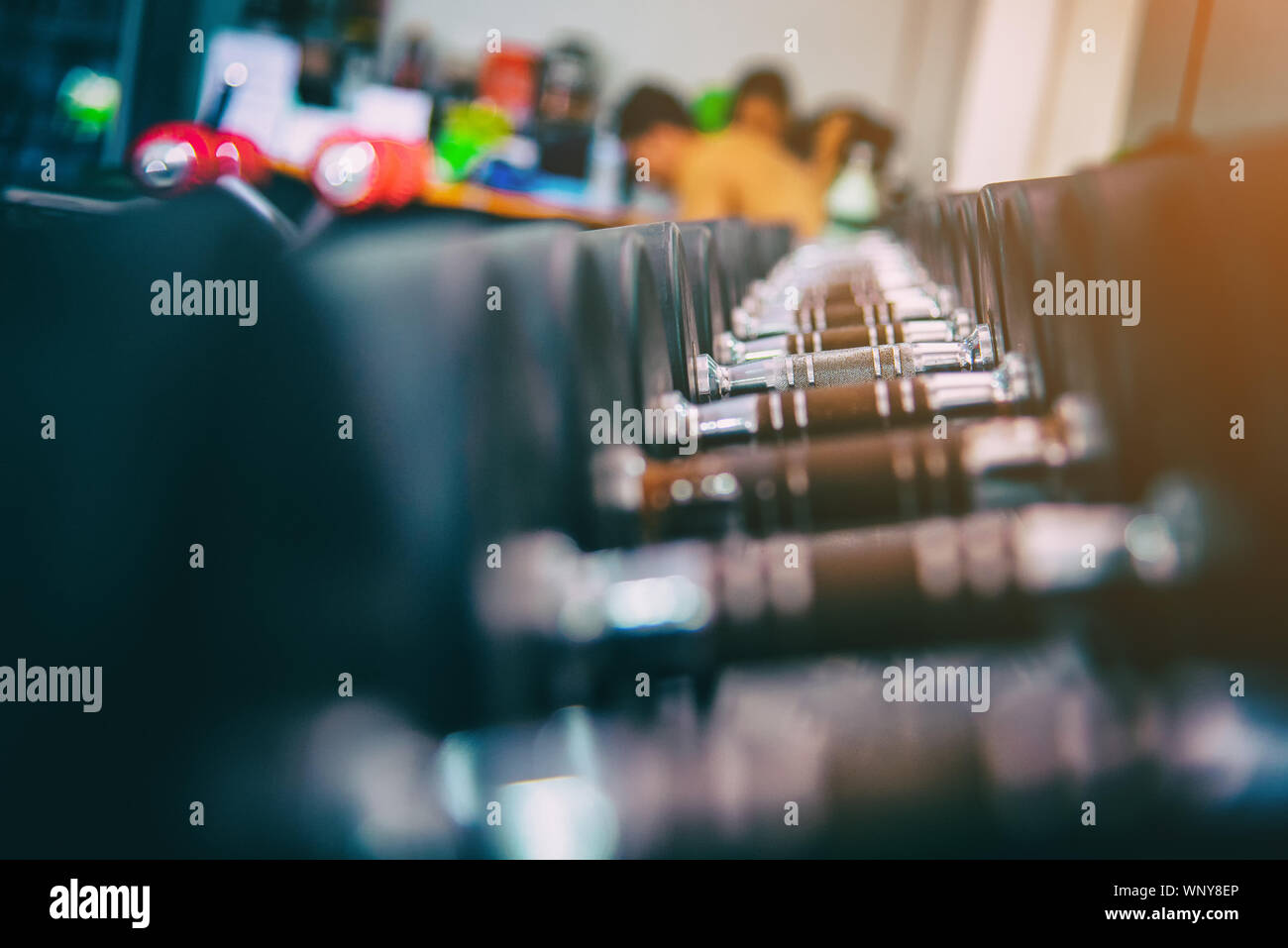 Righe di metallo manubri su rack in sport palestra fitness center . Peso attrezzatura di formazione di sport e salute il concetto di cura. Foto Stock