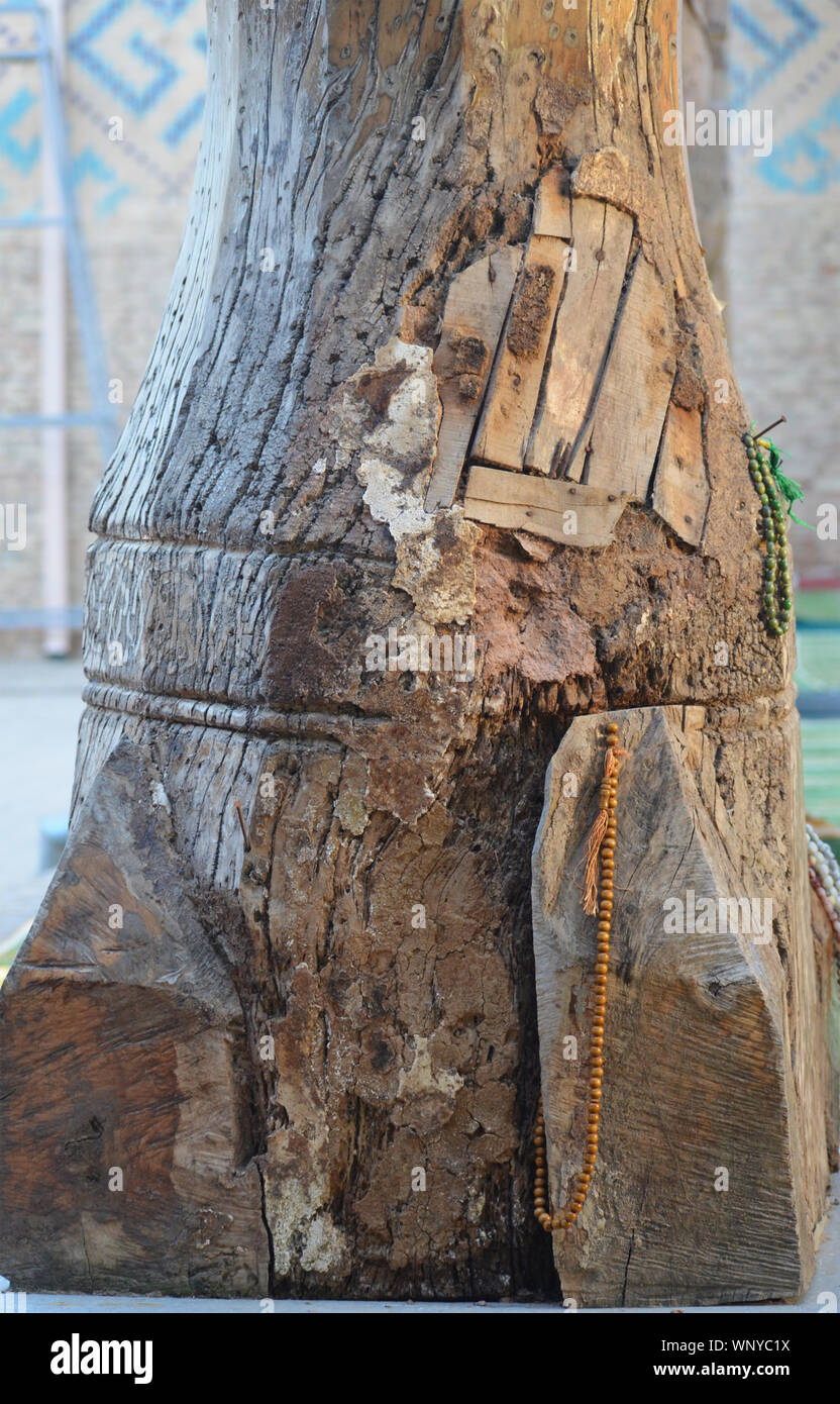 I grani di preghiera (Misbaha) attaccato ad una colonna di legno in Hazrat-ho Imam moschea, Shakhrisabz, Uzbekistan Foto Stock
