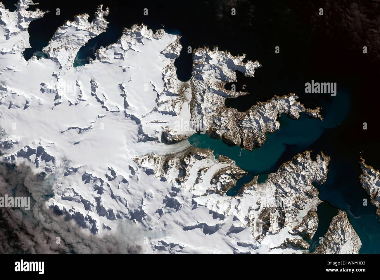 Ghiacciai, la tidewater ghiacciai, Isola Georgia del Sud, 14 settembre 2016, dalla NASA/ Joshua Stevens/DPA Foto Stock