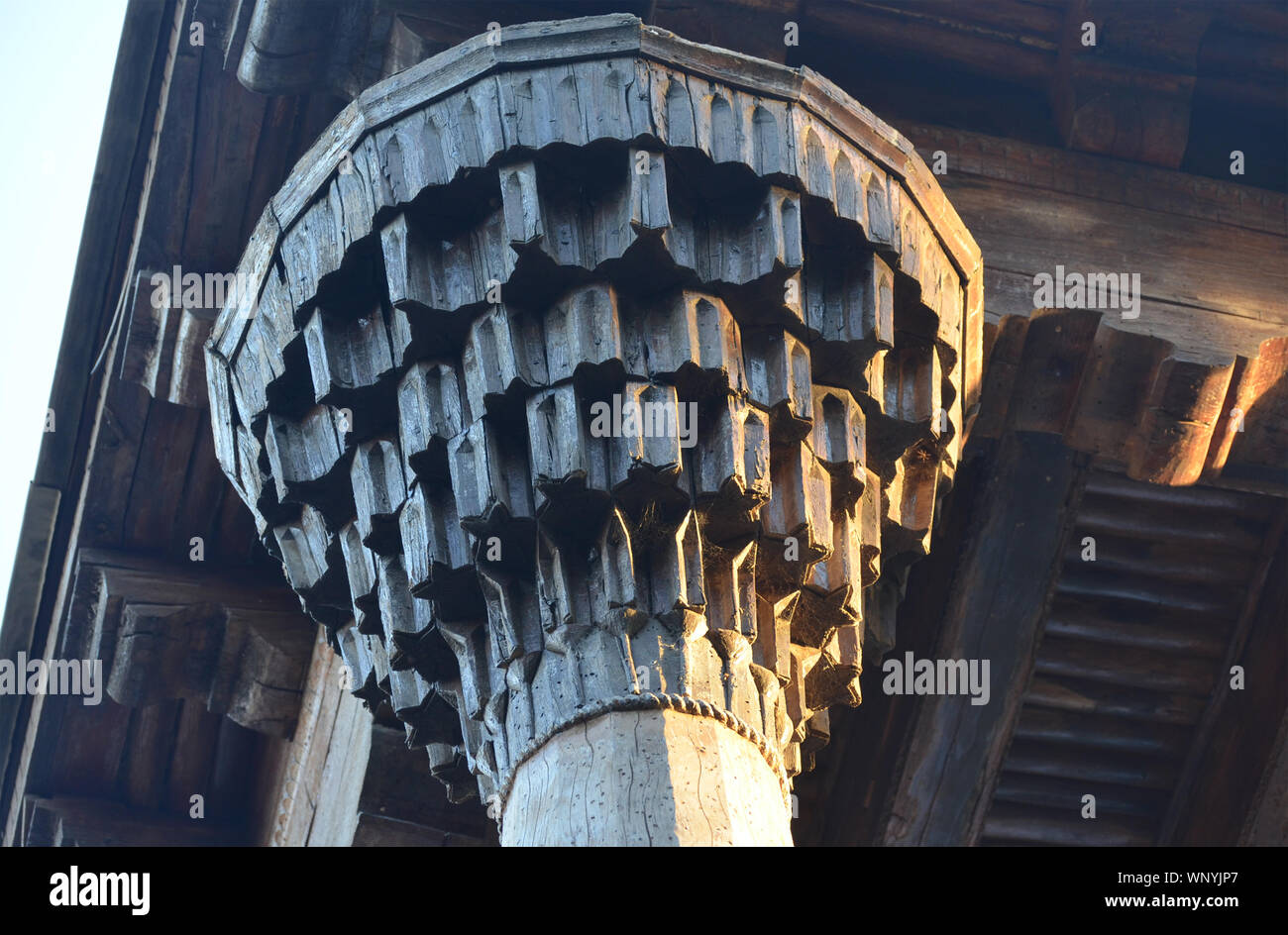 Colonne di legno alla moschea all'interno di Hazrat-ho Imam complessa, Shakhrisabz Foto Stock