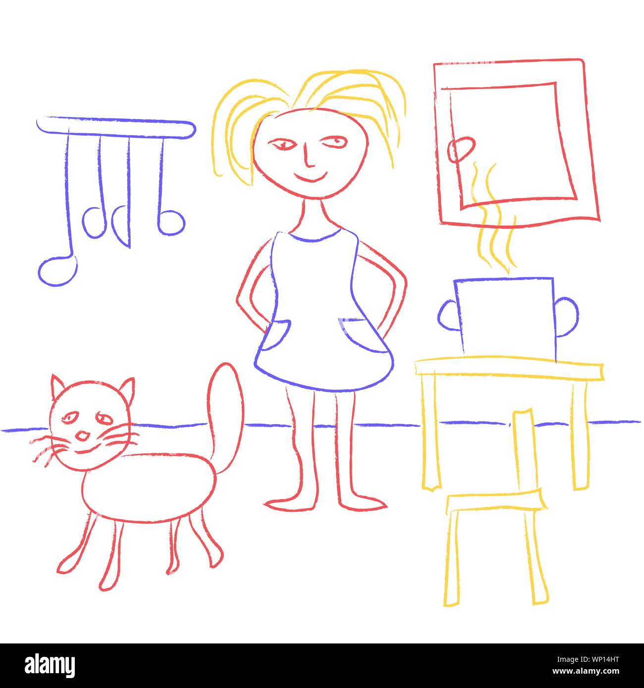 Bambino con disegno pastelli. Carino kids doodle raffigurante una ragazza e un gatto in cucina. Ragazza o donna di cottura degli alimenti. EPS vettoriali10 Illustrazione Vettoriale