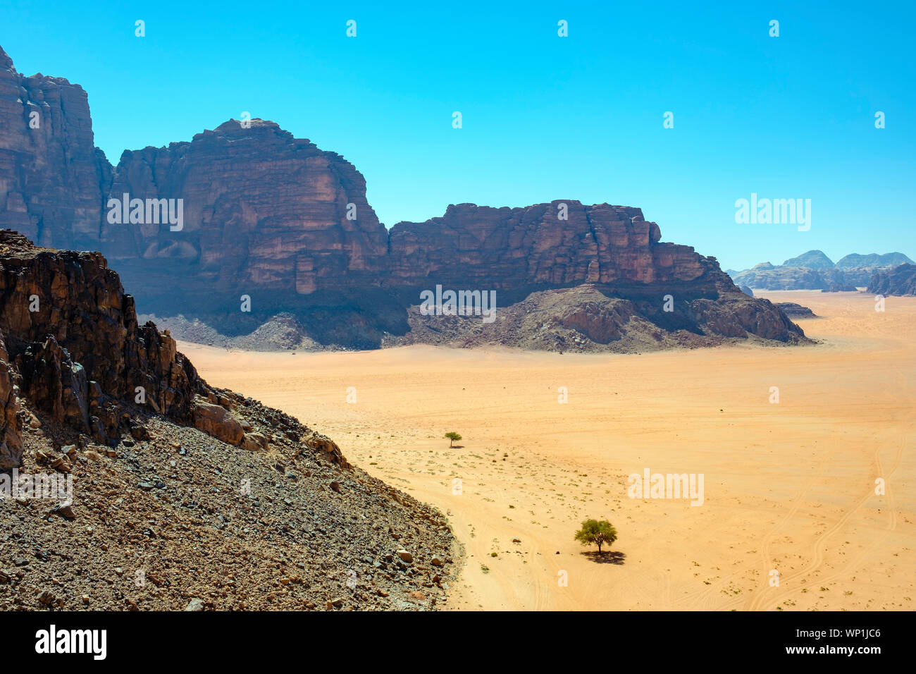 Giordania, Governatorato di Aqaba, Wadi Rum. Wadi Rum Area Protetta, Sito Patrimonio Mondiale dell'UNESCO. Foto Stock