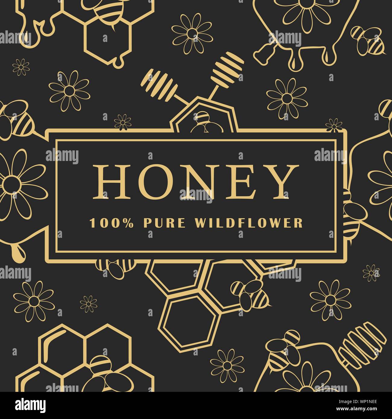 Modello senza soluzione di continuità con il miele, bee e fiori. Gli elementi di design. Illustrazioni vettoriali. Illustrazione Vettoriale