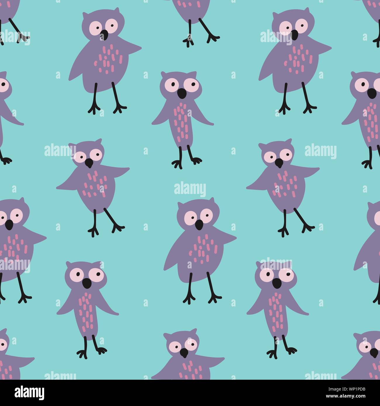 Vettore di seamless pattern con graziosi viola gufi su uno sfondo blu Illustrazione Vettoriale