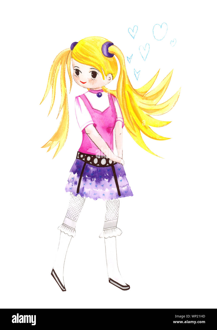 Immagine che mostra il colore di disegno di acquerelli di manga ragazza in abiti su un isolato bianco sullo sfondo. Foto Stock